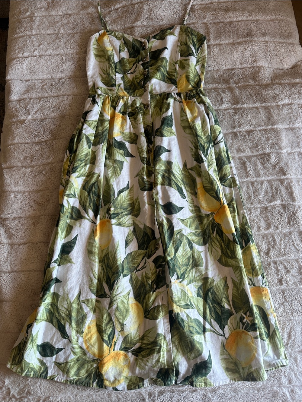 H&M White Lemon-Print Midi Dress with Green Leaves